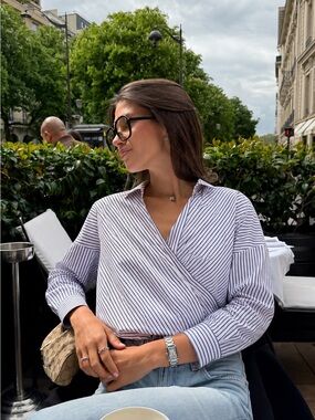 DKNY Wrap Blouse White Blue Pinstripe Cotton Linen Shirt XS